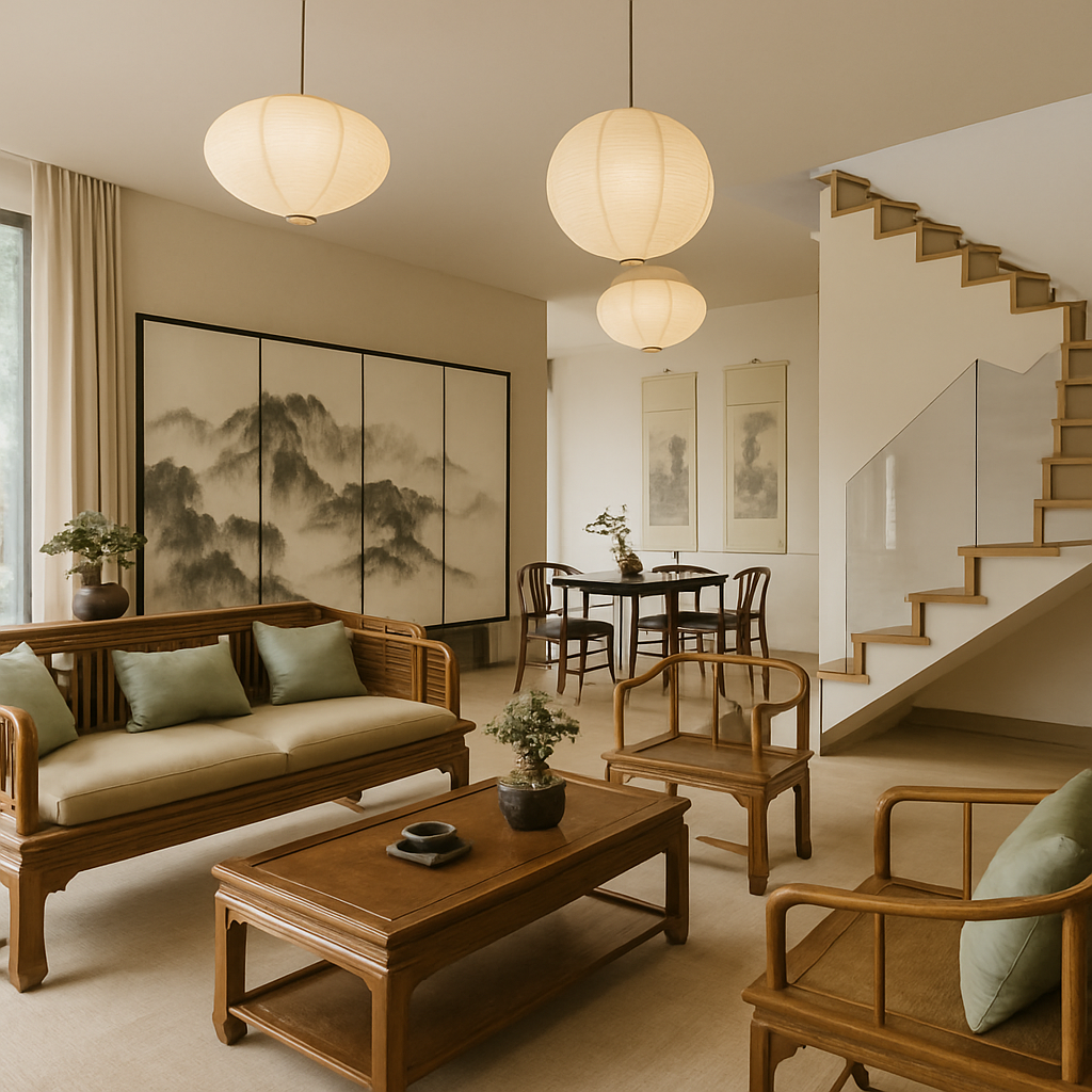 After — Modern open plan → Neo-Chinese